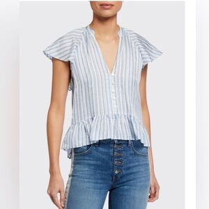 Veronica Beard Maple White Blue Linen Silk Striped Flutter Sleeve Blouse size 0